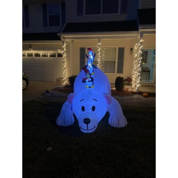 🆕7.7(L) x 6 FT(H) Inflatable Lighted Polar Bear with Three Penguin Decoration - Picture 3 of 11